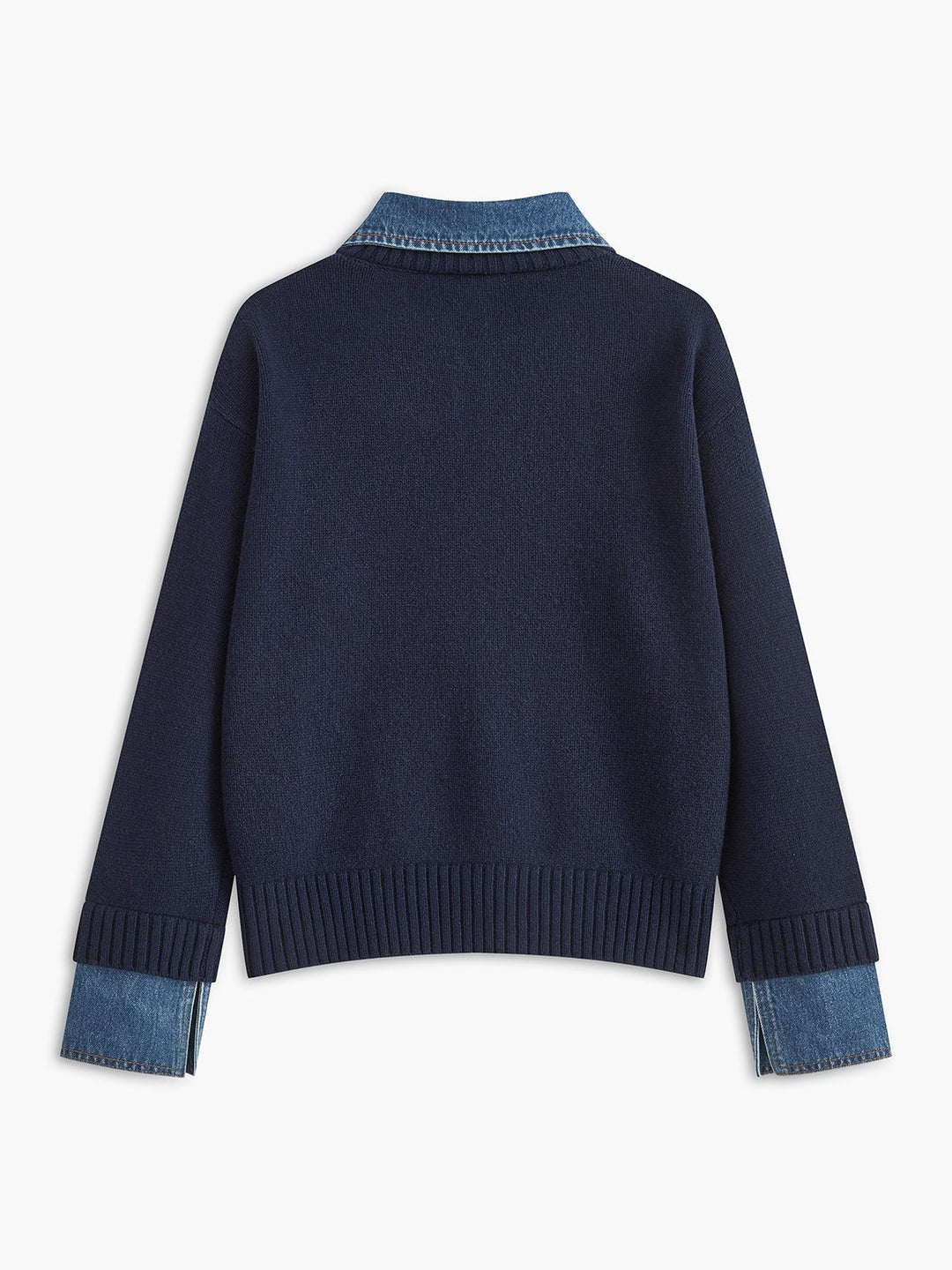 Layered Knit Polo Sweater with Denim Collar and Gold-Tone Buttons – Navy 2