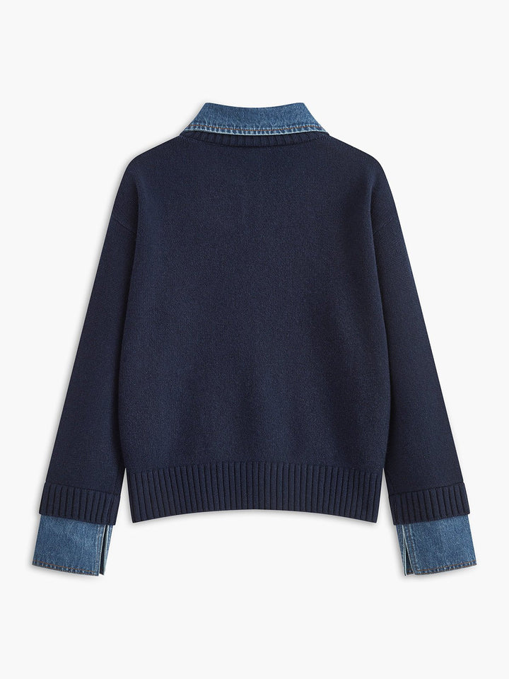 Layered Knit Polo Sweater with Denim Collar and Gold-Tone Buttons – Navy 2