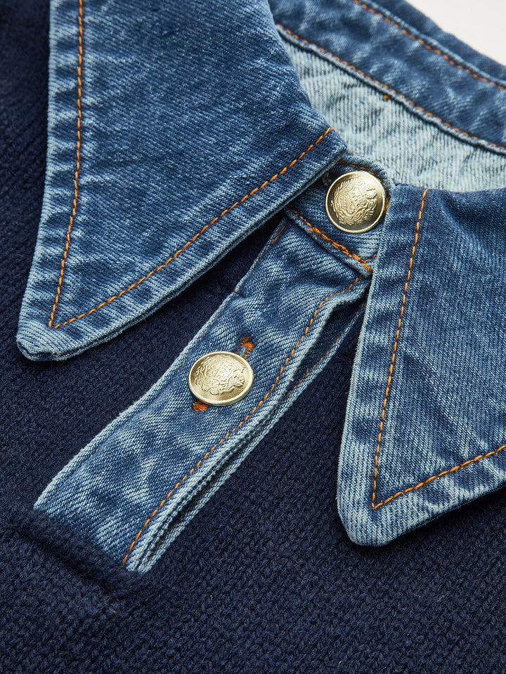 Layered Knit Polo Sweater with Denim Collar and Gold-Tone Buttons – Navy 3