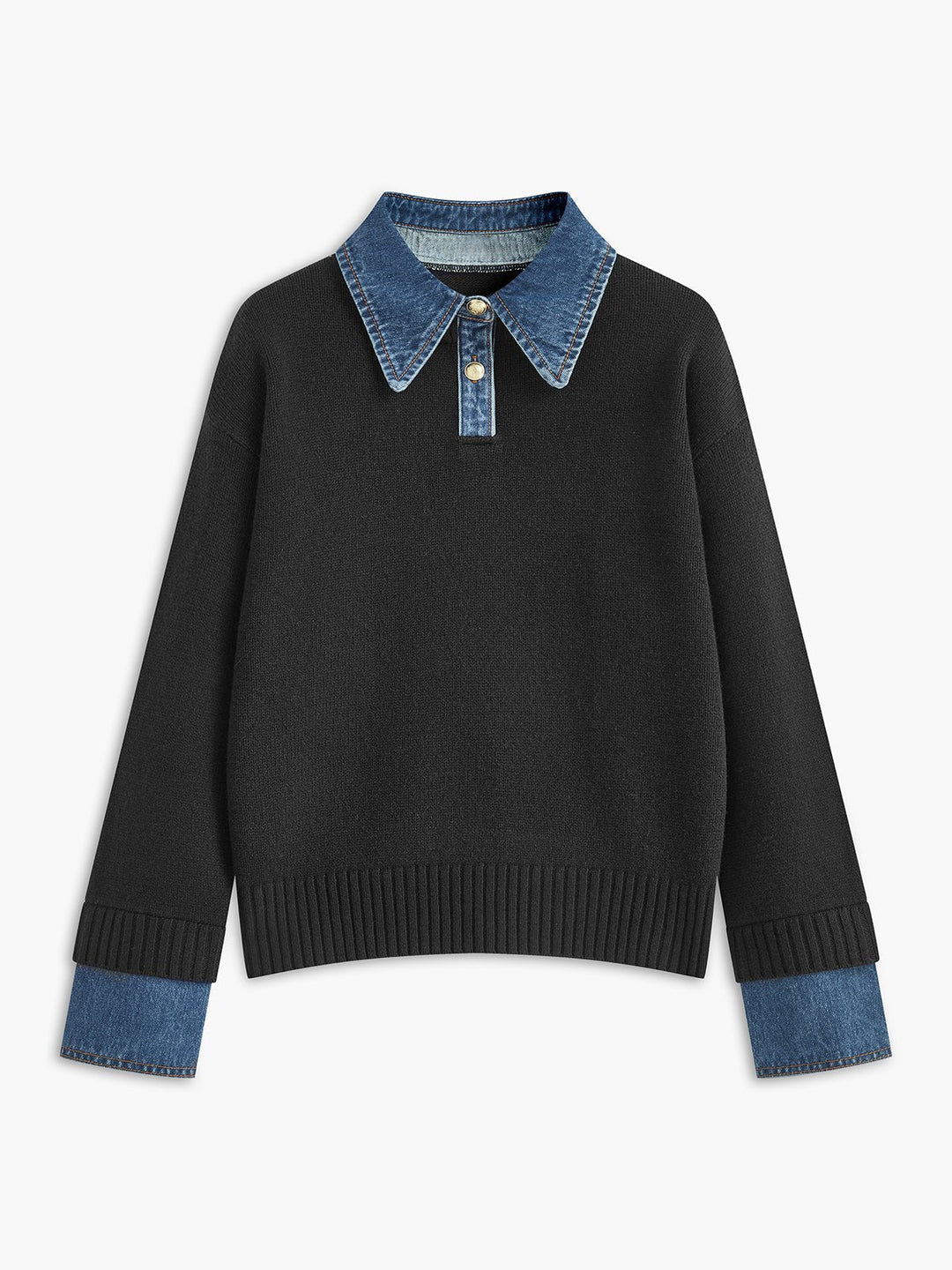 Layered Knit Polo Sweater with Denim Collar and Gold-Tone Buttons – Navy 5