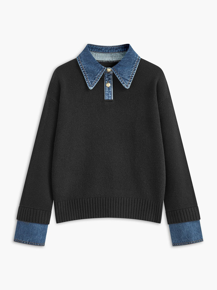 Layered Knit Polo Sweater with Denim Collar and Gold-Tone Buttons – Navy 5