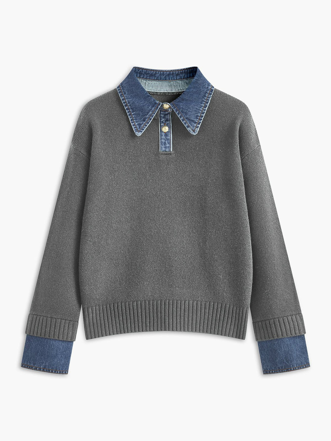 Layered Knit Polo Sweater with Denim Collar and Gold-Tone Buttons – Navy 6