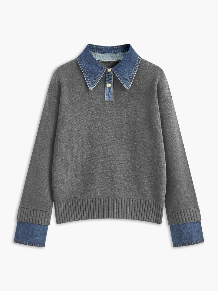 Layered Knit Polo Sweater with Denim Collar and Gold-Tone Buttons – Navy 6