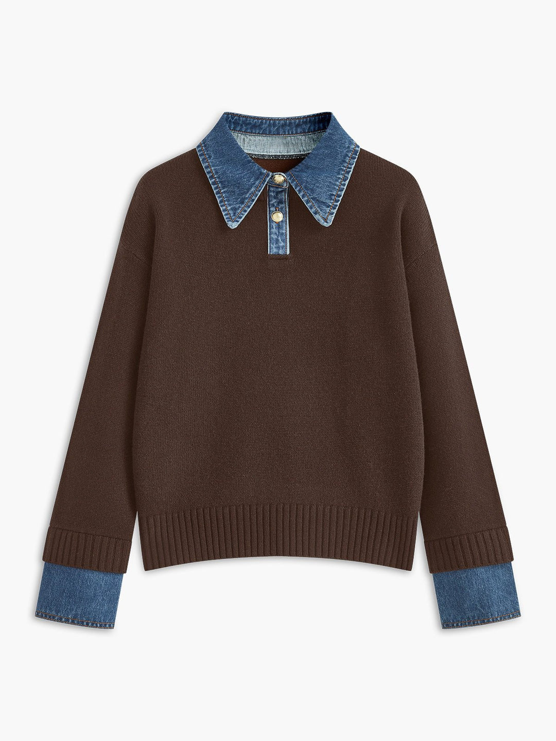 Layered Knit Polo Sweater with Denim Collar and Gold-Tone Buttons – Navy 7
