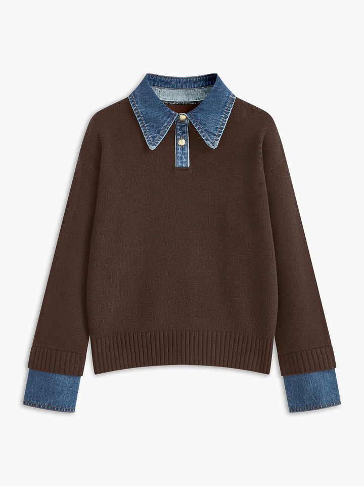 Layered Knit Polo Sweater with Denim Collar and Gold-Tone Buttons – Navy 7