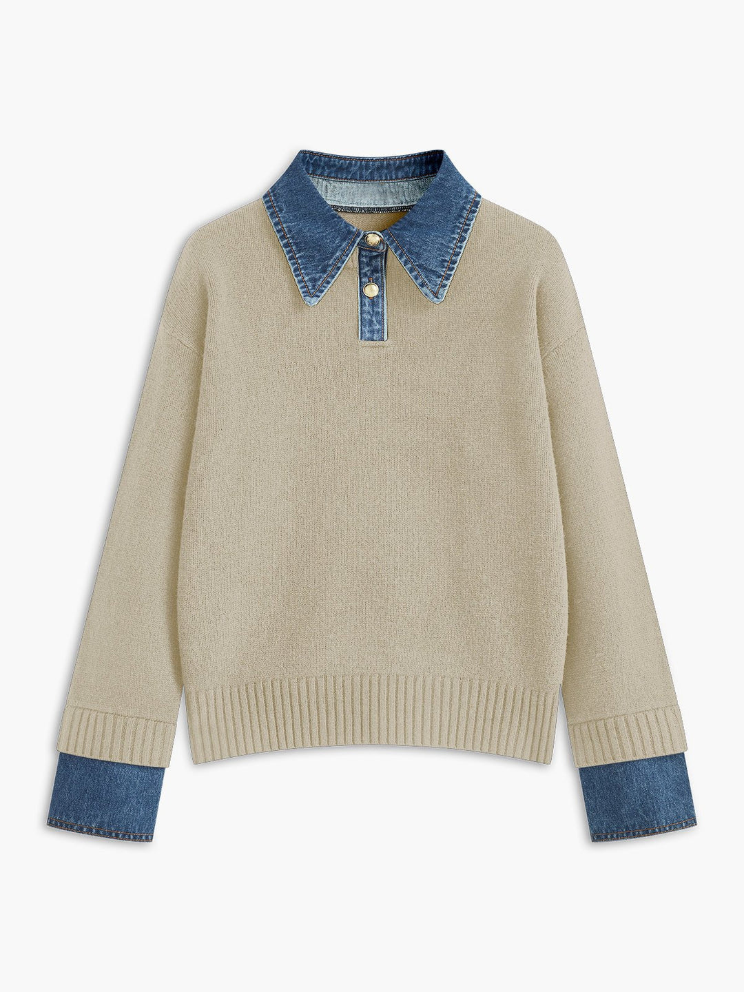 Layered Knit Polo Sweater with Denim Collar and Gold-Tone Buttons – Navy 8