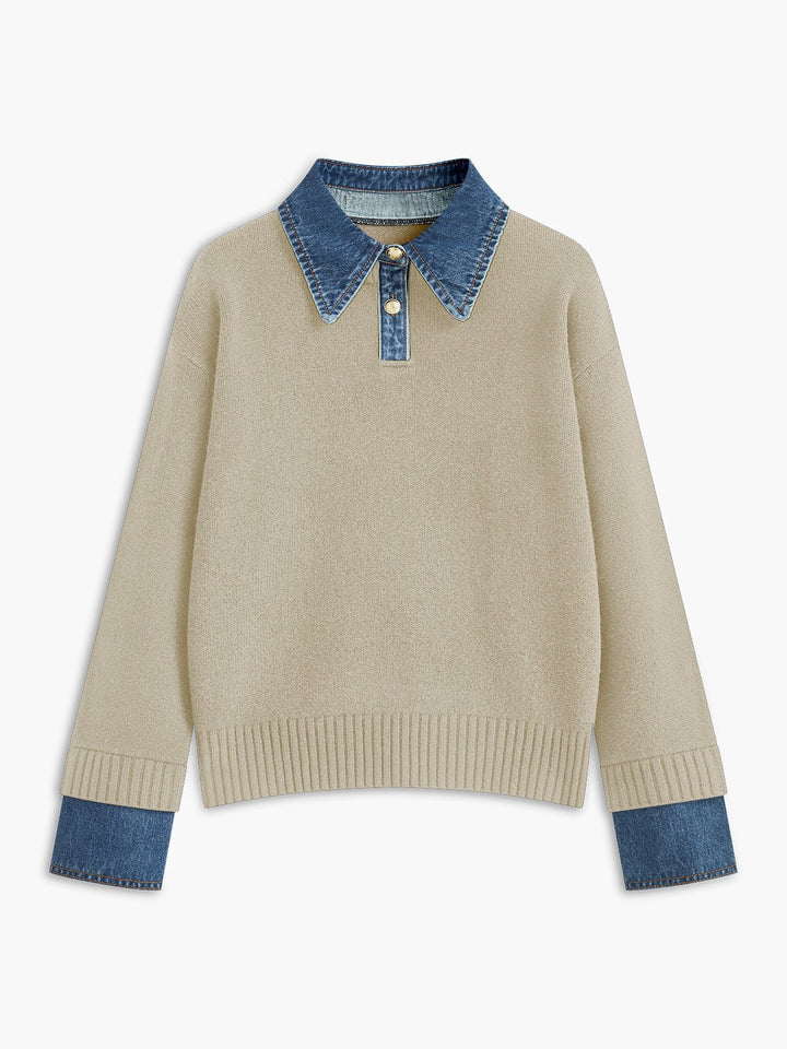 Layered Knit Polo Sweater with Denim Collar and Gold-Tone Buttons – Navy 8