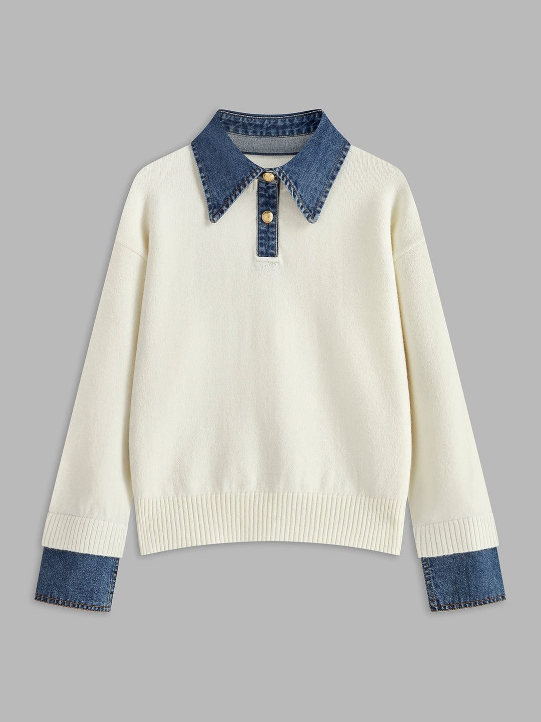 Layered Knit Polo Sweater with Denim Collar and Gold-Tone Buttons – Navy 9