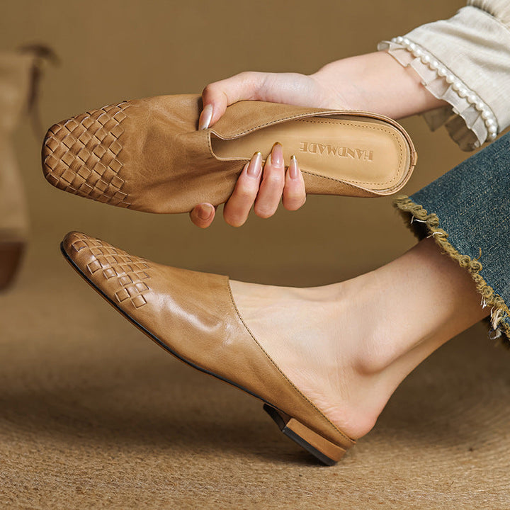 Leather Mules with Cushioned Insole and Woven Finish – Square-Toe Heel Mule Shoes in Black 0