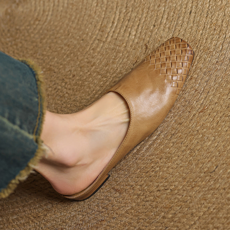 Leather Mules with Cushioned Insole and Woven Finish – Square-Toe Heel Mule Shoes in Black 1