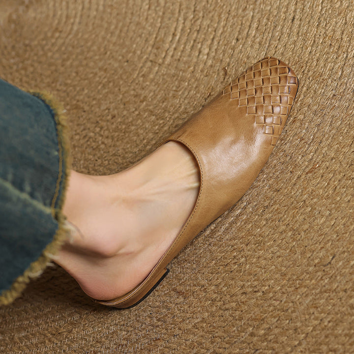 Leather Mules with Cushioned Insole and Woven Finish – Square-Toe Heel Mule Shoes in Black 1