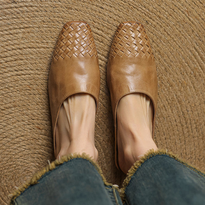 Leather Mules with Cushioned Insole and Woven Finish – Square-Toe Heel Mule Shoes in Black 2