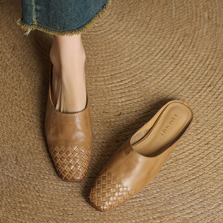 Leather Mules with Cushioned Insole and Woven Finish – Square-Toe Heel Mule Shoes in Black 3