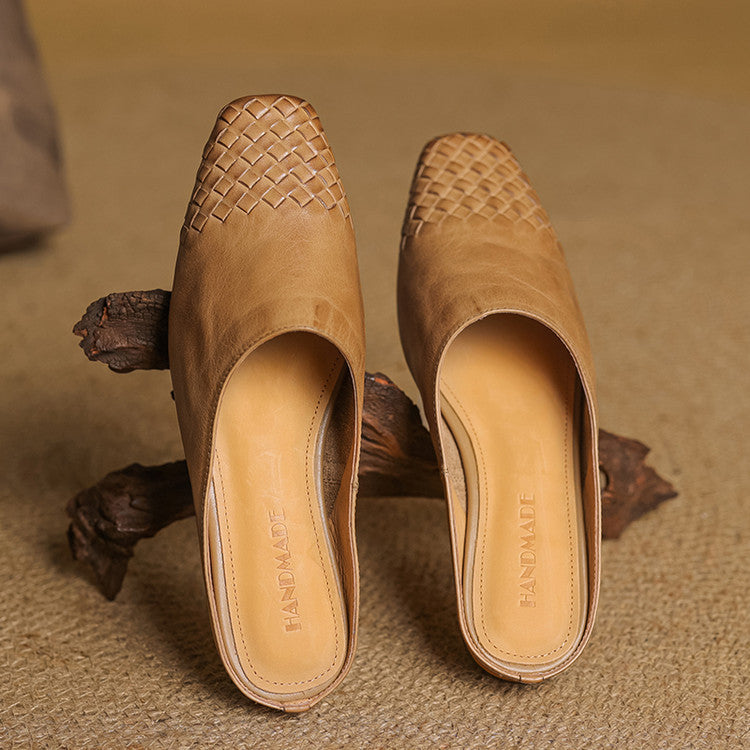 Leather Mules with Cushioned Insole and Woven Finish – Square-Toe Heel Mule Shoes in Black 4