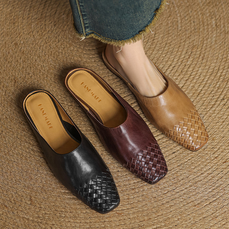 Leather Mules with Cushioned Insole and Woven Finish – Square-Toe Heel Mule Shoes in Black 6