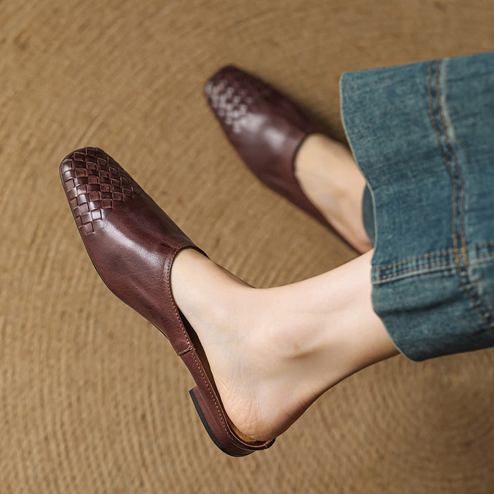 Leather Mules with Cushioned Insole and Woven Finish – Square-Toe Heel Mule Shoes in Black 7