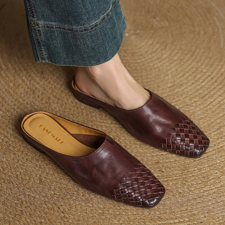 Leather Mules with Cushioned Insole and Woven Finish – Square-Toe Heel Mule Shoes in Black 8