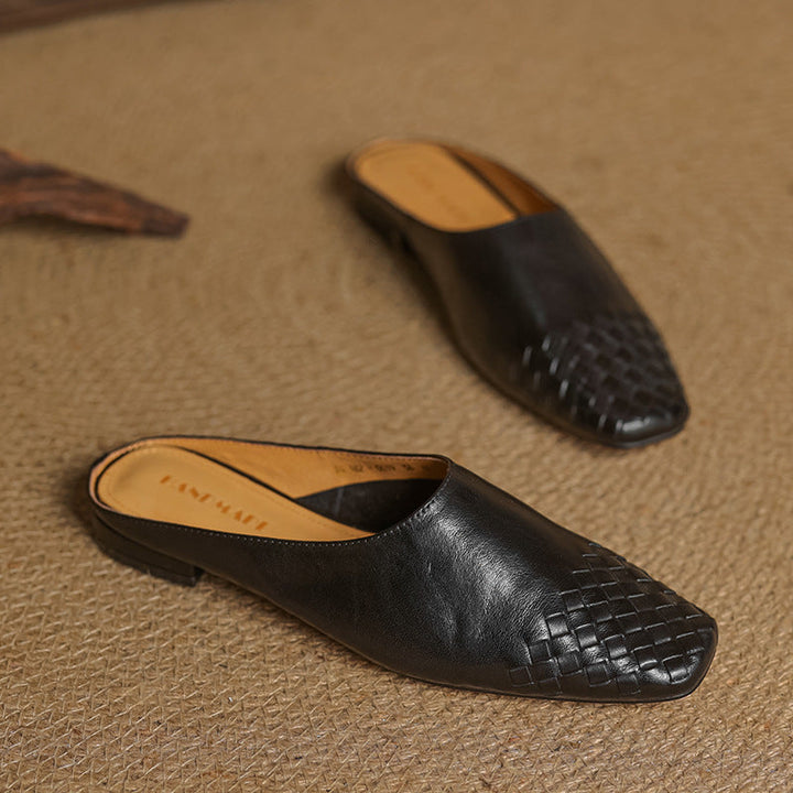 Leather Mules with Cushioned Insole and Woven Finish – Square-Toe Heel Mule Shoes in Black 9