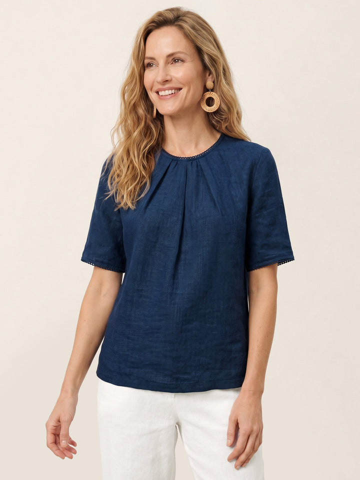 Elegant linen blend blouse featuring pintuck details and delicate lace trim, designed with short sleeves and a round neck for a stylish and comfortable fit. 0