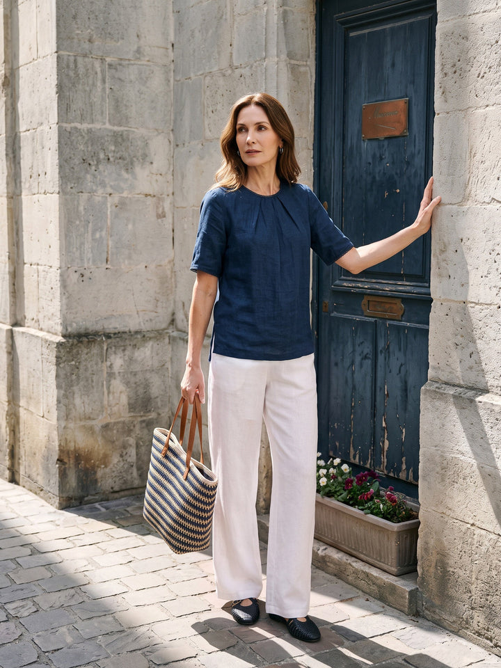 Elegant linen blend blouse featuring pintuck details and delicate lace trim, designed with short sleeves and a round neck for a stylish and comfortable fit. 2