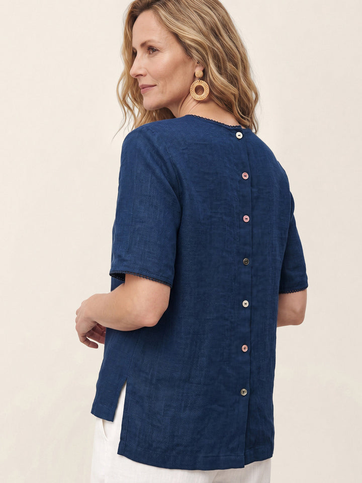Elegant linen blend blouse featuring pintuck details and delicate lace trim, designed with short sleeves and a round neck for a stylish and comfortable fit. 3