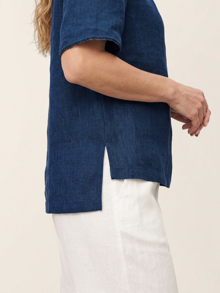 Elegant linen blend blouse featuring pintuck details and delicate lace trim, designed with short sleeves and a round neck for a stylish and comfortable fit. 7