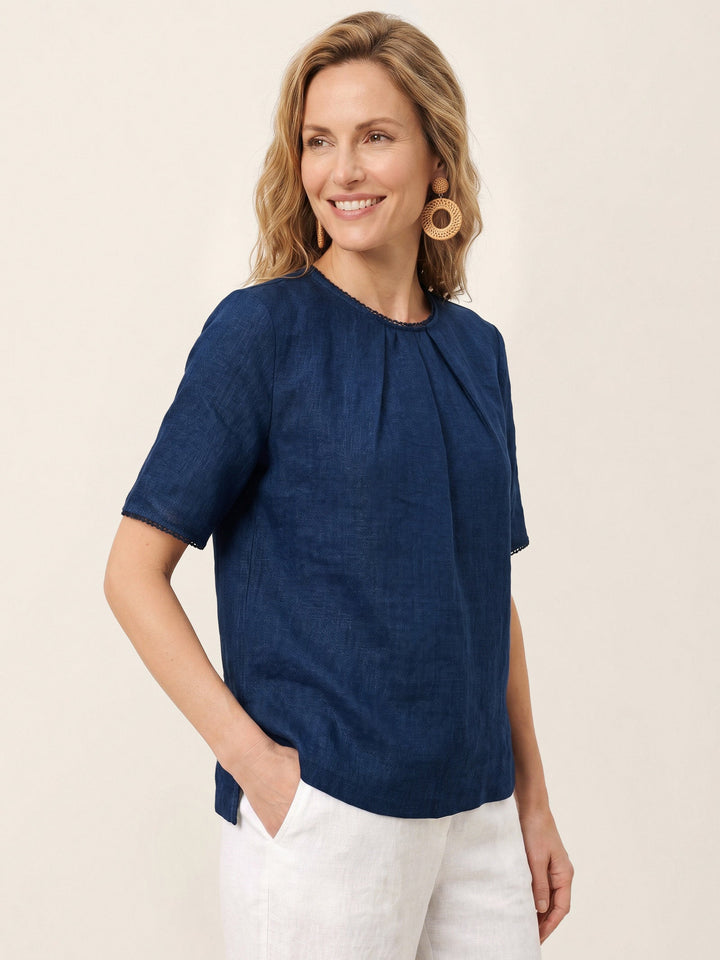 Elegant linen blend blouse featuring pintuck details and delicate lace trim, designed with short sleeves and a round neck for a stylish and comfortable fit. 8