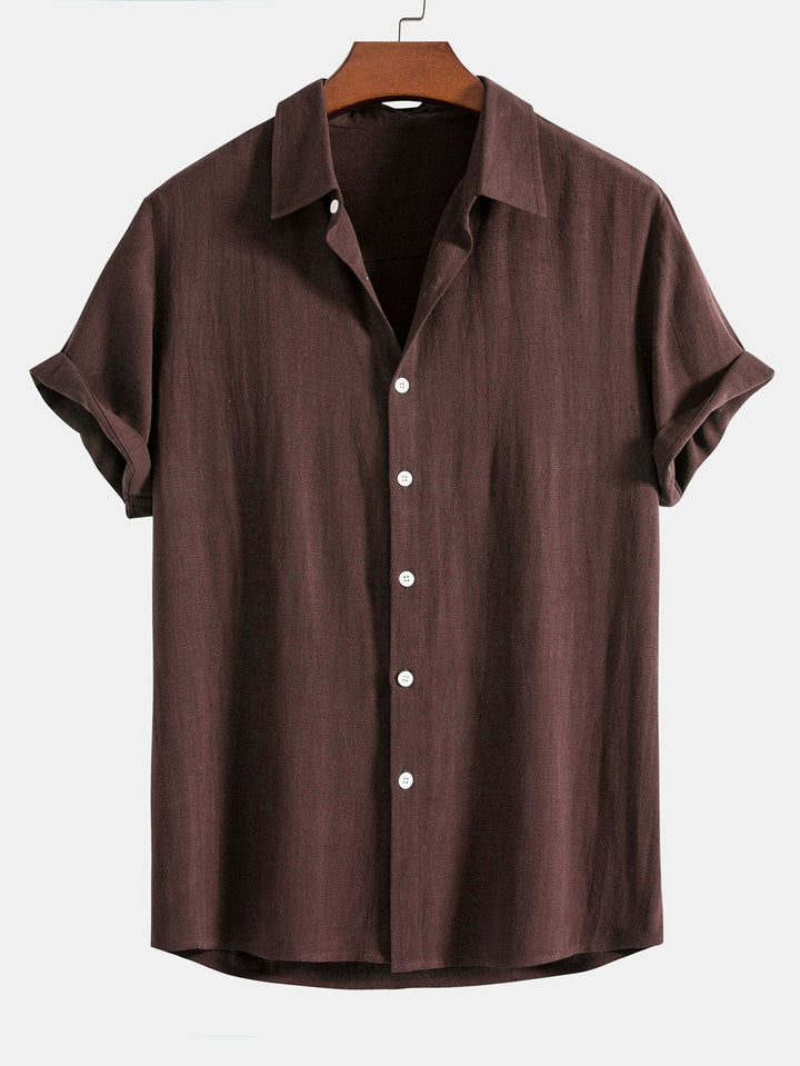 Linen blend outfit featuring a stylish button-up shirt and straight leg pants, perfect for comfortable summer casual or semi-formal wear. 4