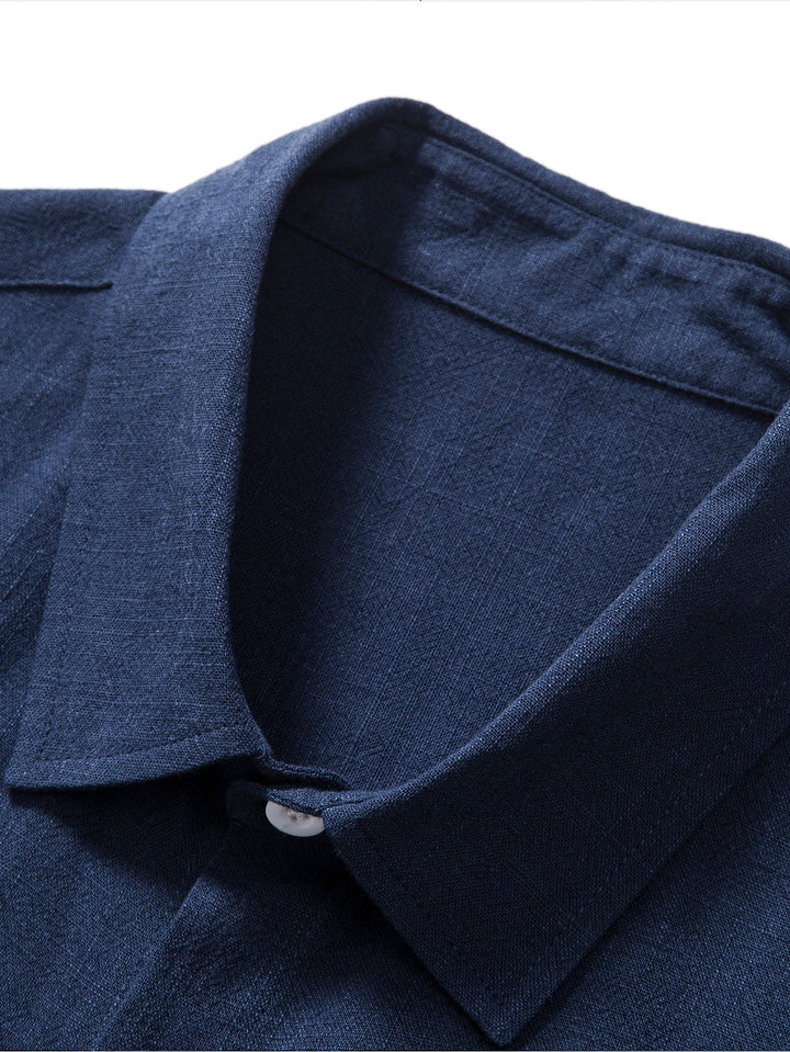 Linen blend outfit featuring a stylish button-up shirt and straight leg pants, perfect for comfortable summer casual or semi-formal wear. 8