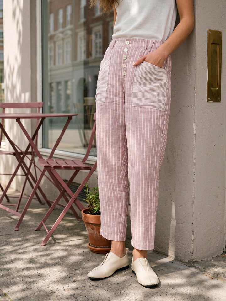 Linen pants for women featuring a tapered fit, stylish patch pockets, and a yarn-dyed striped design, crafted from 100% breathable linen for 1