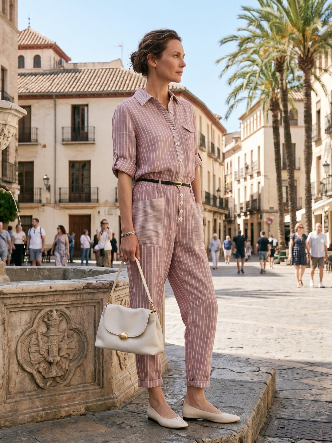 Linen pants for women featuring a tapered fit, stylish patch pockets, and a yarn-dyed striped design, crafted from 100% breathable linen for 2