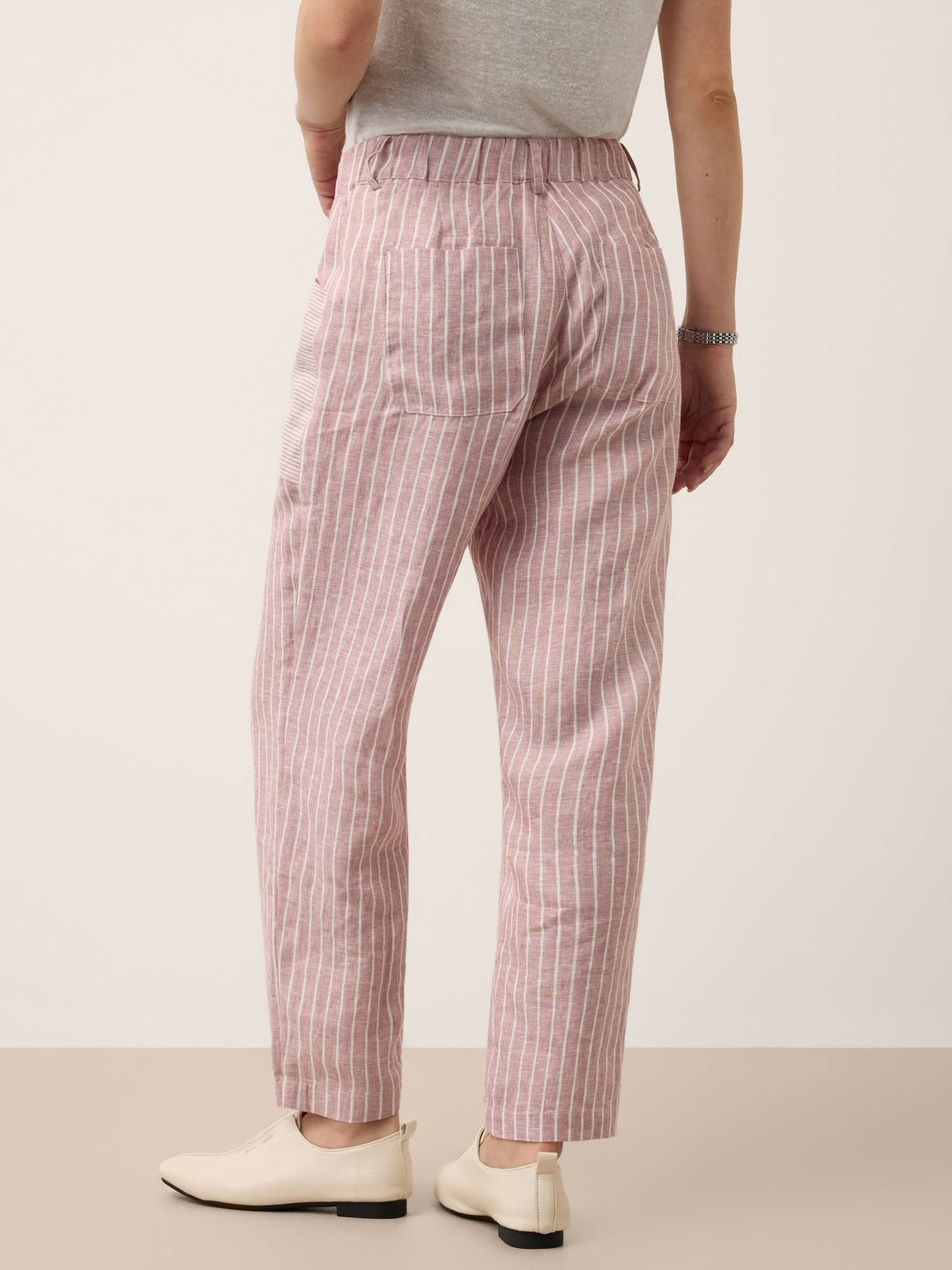 Linen pants for women featuring a tapered fit, stylish patch pockets, and a yarn-dyed striped design, crafted from 100% breathable linen for 6