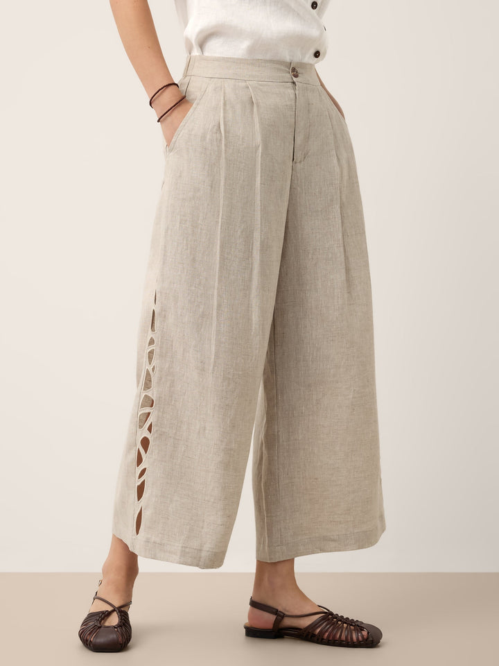 Linen wide leg cropped pants with cutwork detail in natural melange, perfect for stylish women's summer outfits. 0