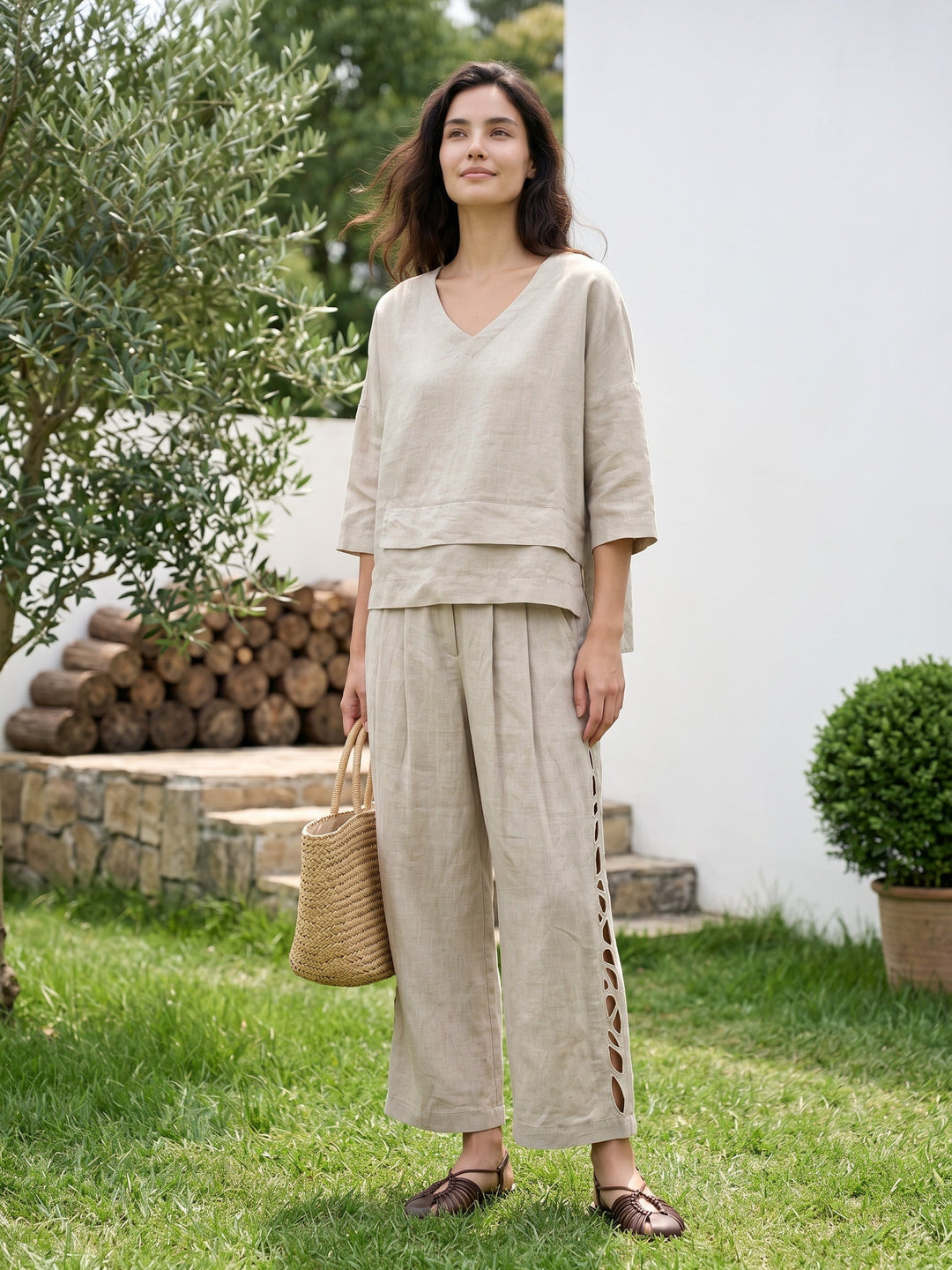 Linen wide leg cropped pants with cutwork detail in natural melange, perfect for stylish women's summer outfits. 2