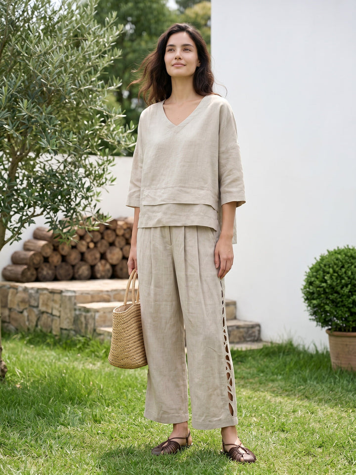 Linen wide leg cropped pants with cutwork detail in natural melange, perfect for stylish women's summer outfits. 2