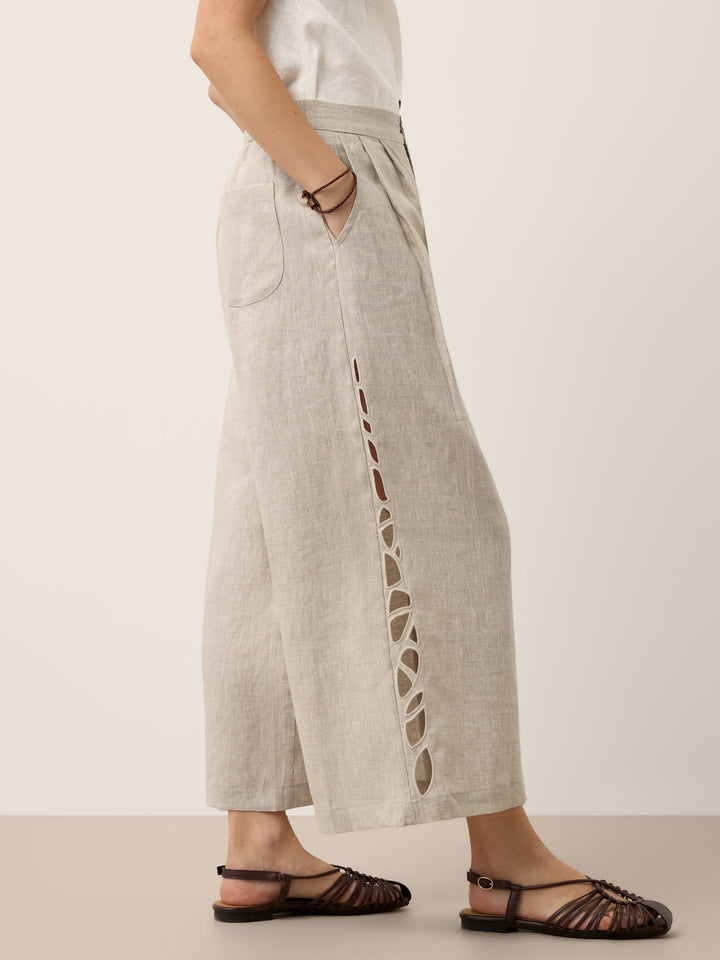 Linen wide leg cropped pants with cutwork detail in natural melange, perfect for stylish women's summer outfits. 3