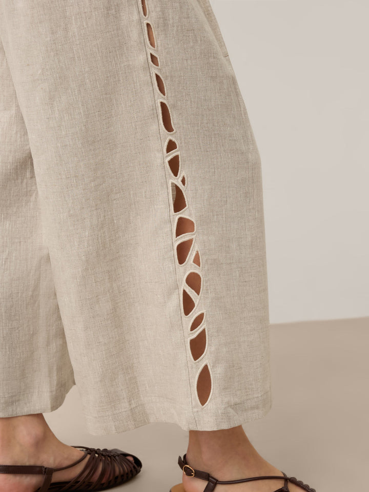 Linen wide leg cropped pants with cutwork detail in natural melange, perfect for stylish women's summer outfits. 4