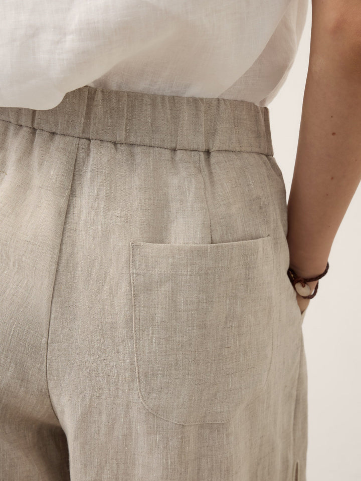 Linen wide leg cropped pants with cutwork detail in natural melange, perfect for stylish women's summer outfits. 6