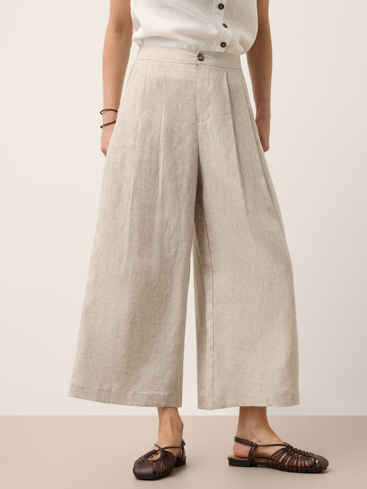 Linen wide leg cropped pants with cutwork detail in natural melange, perfect for stylish women's summer outfits. 7