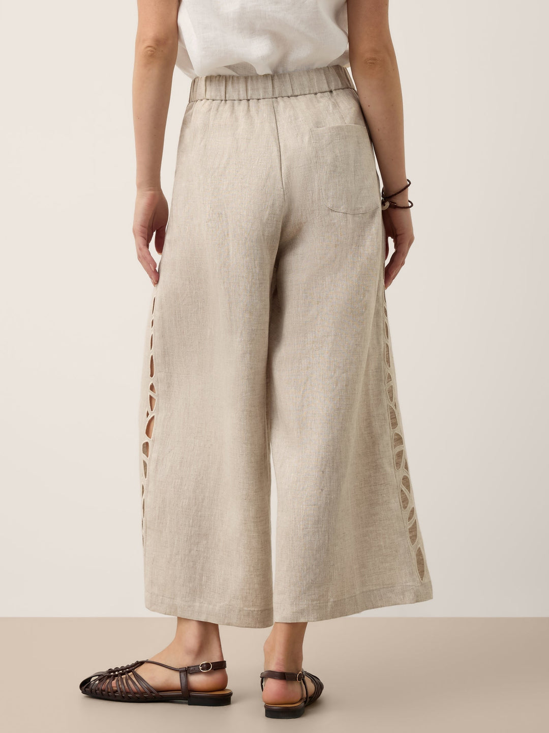 Linen wide leg cropped pants with cutwork detail in natural melange, perfect for stylish women's summer outfits. 8