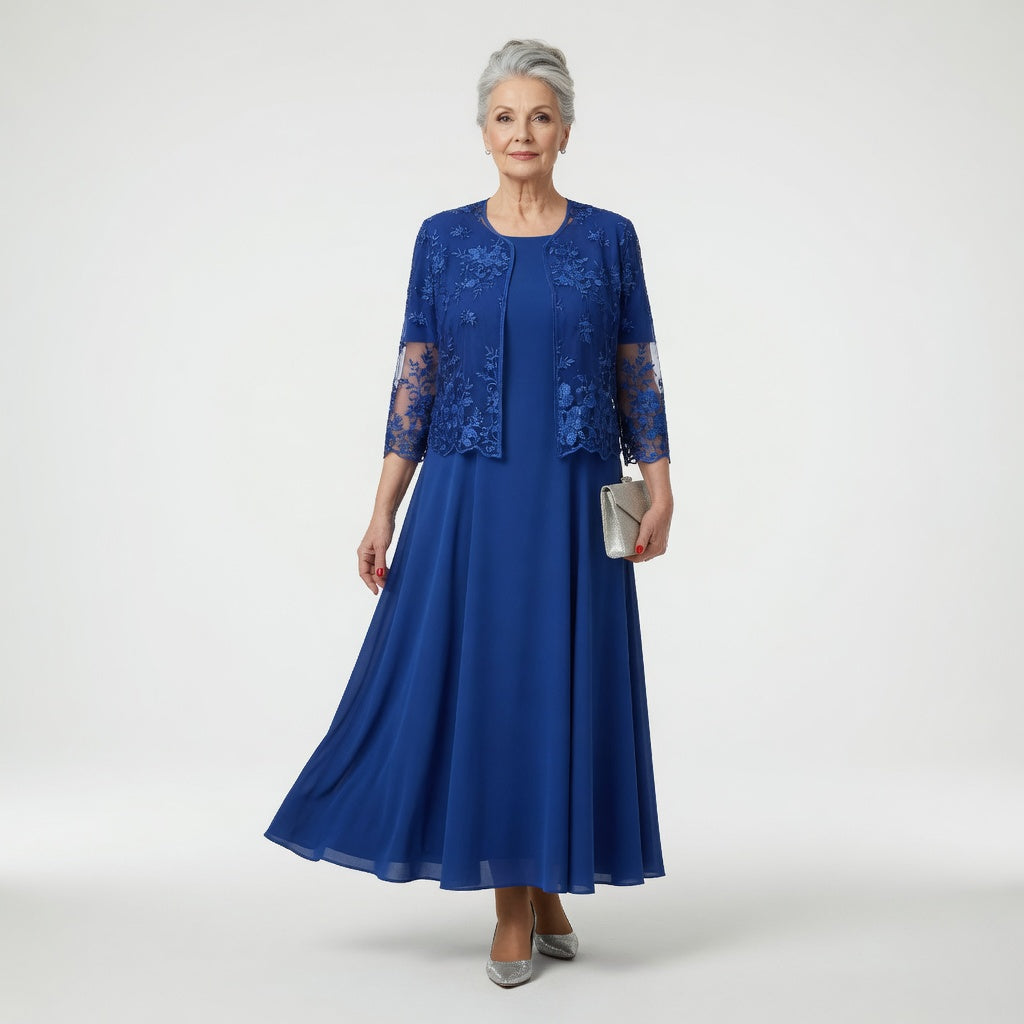 Long Formal Dress with Floral Appliqués and Embellished Sleeves – Elegant Flared Evening Gown for Weddings and Special Occasions 3