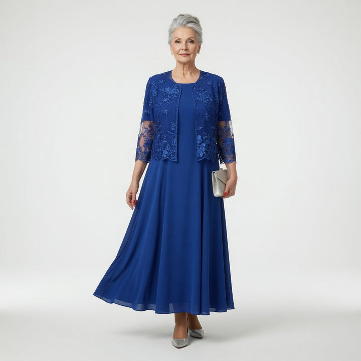 Long Formal Dress with Floral Appliqués and Embellished Sleeves – Elegant Flared Evening Gown for Weddings and Special Occasions 3