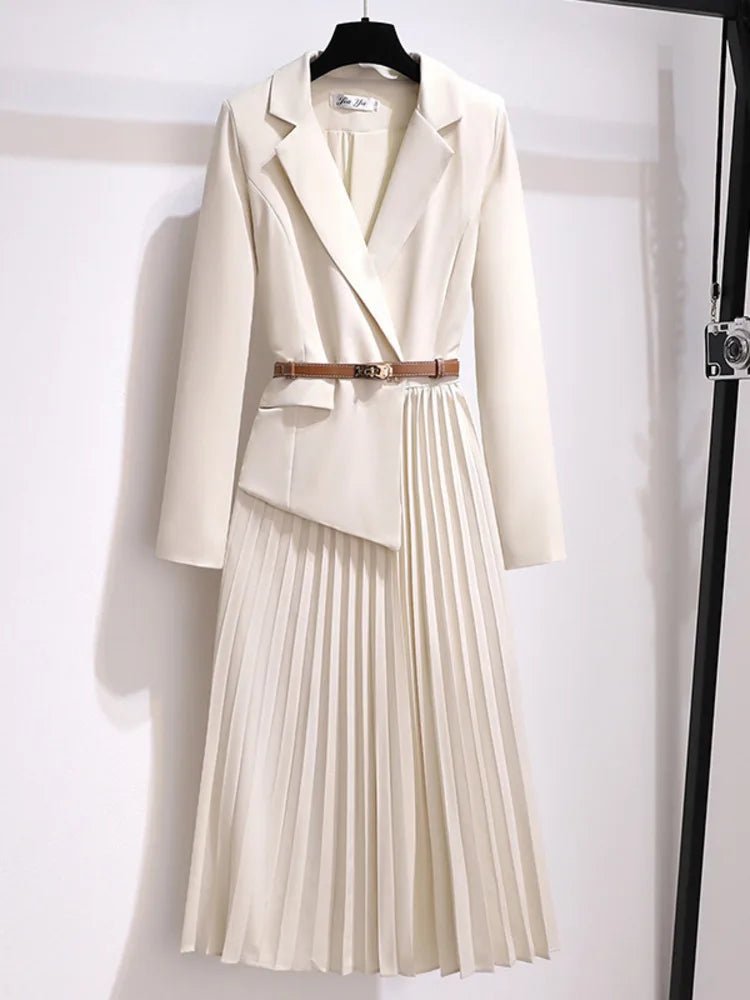 Long Sleeve Midi Dress featuring a Blazer Style Bodice and a Pleated Skirt, showcasing an elegant lightweight design perfect for formal occasions. 0
