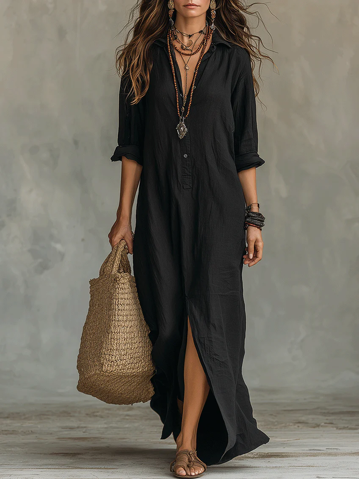 Maxi dress for women featuring a button-down detail and relaxed fit, designed with lightweight long sleeves for a casual yet stylish look. 0