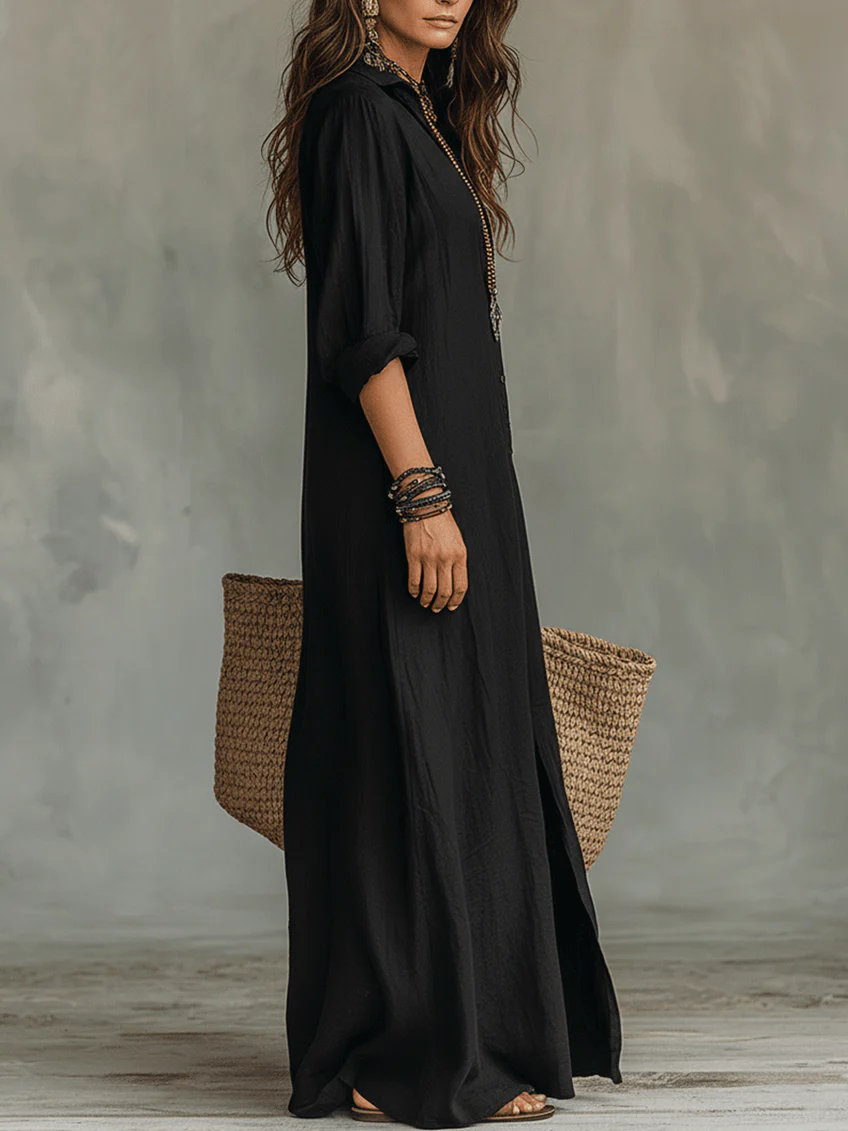 Maxi dress for women featuring a button-down detail and relaxed fit, designed with lightweight long sleeves for a casual yet stylish look. 1