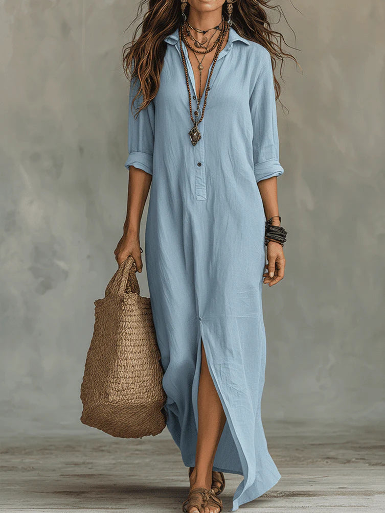 Maxi dress for women featuring a button-down detail and relaxed fit, designed with lightweight long sleeves for a casual yet stylish look. 10