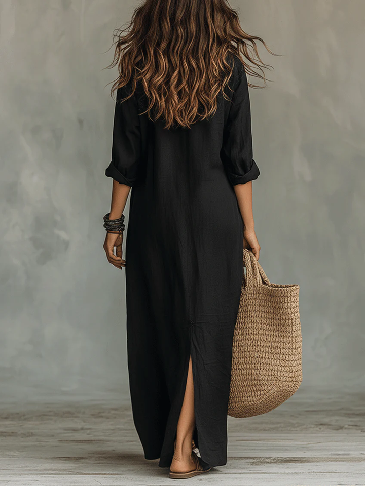 Maxi dress for women featuring a button-down detail and relaxed fit, designed with lightweight long sleeves for a casual yet stylish look. 2