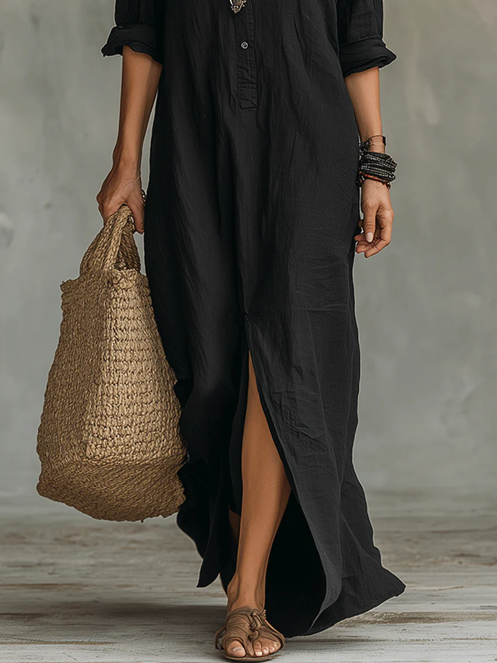 Maxi dress for women featuring a button-down detail and relaxed fit, designed with lightweight long sleeves for a casual yet stylish look. 4