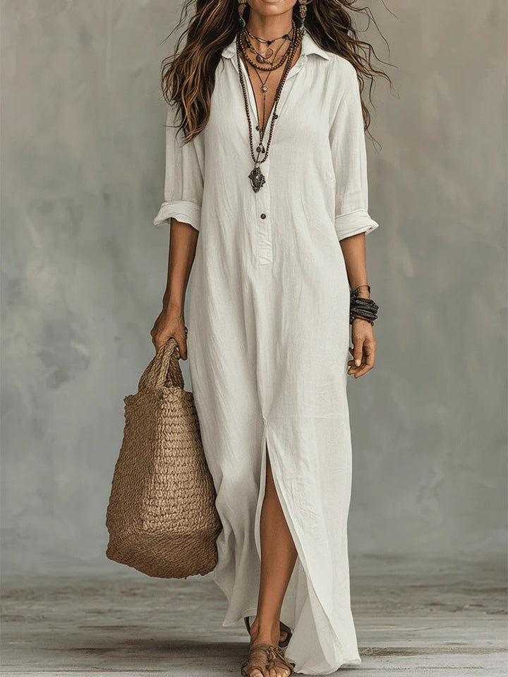 Maxi dress for women featuring a button-down detail and relaxed fit, designed with lightweight long sleeves for a casual yet stylish look. 5