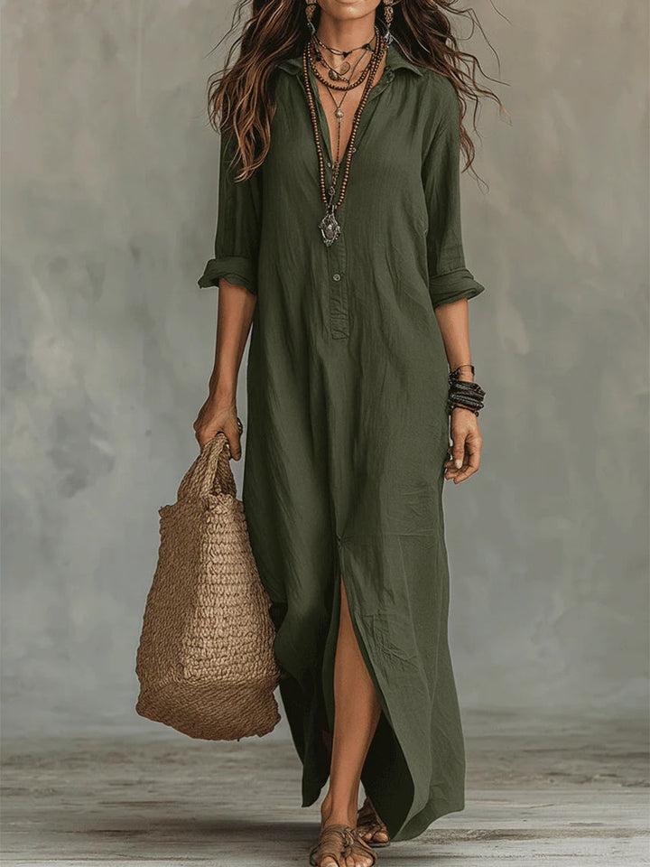 Maxi dress for women featuring a button-down detail and relaxed fit, designed with lightweight long sleeves for a casual yet stylish look. 6